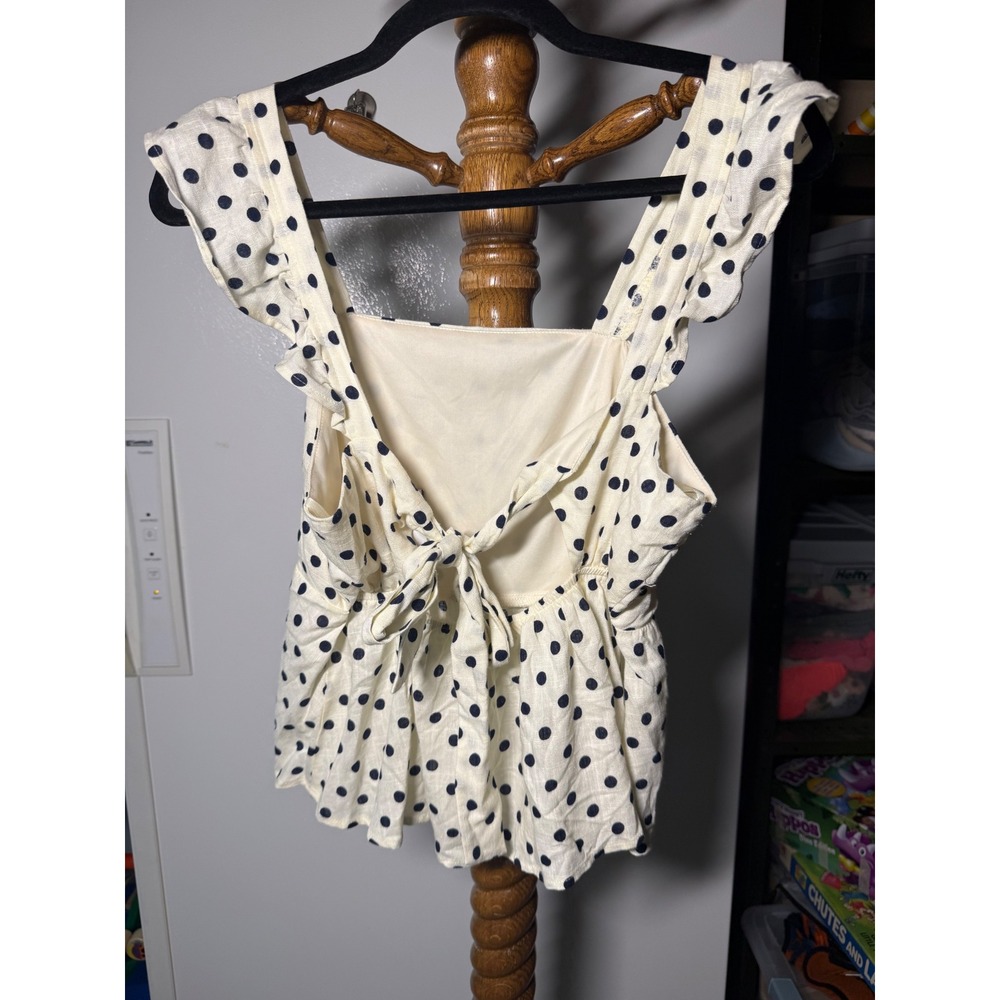 Monteau Los Angeles Polka Dot Peplum Top Cream Navy Ruffle Tie Back XL - Picture 2 of 4